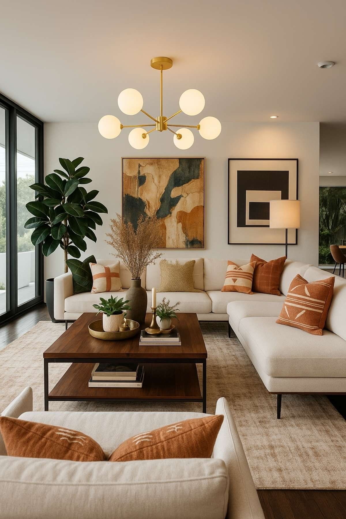 Living room with cream sofas, a timber coffee table and a brass pendant light